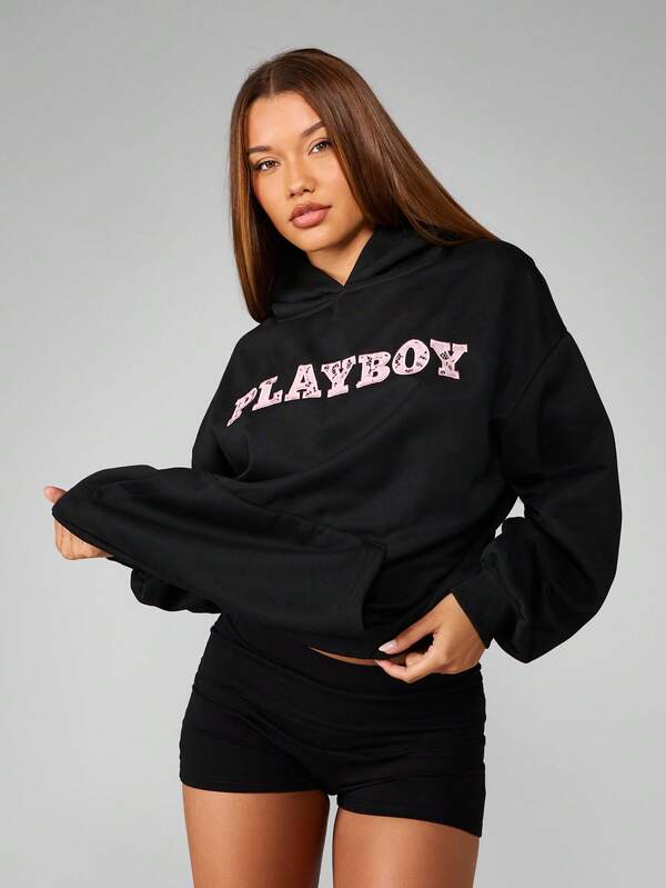 Missguided Missguided X Playboy Oversized Black Hoodie With Lace Pattern Design