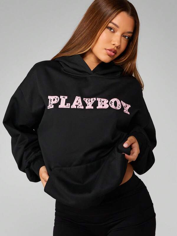 missguided Missguided x Playboy Oversized Black Hoodie With Lace Pattern Design