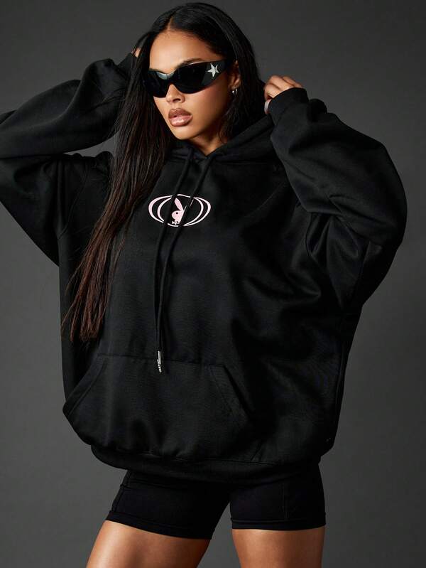 Missguided Missguided X Playboy Oversized Black Hoodie With Racing Helmet Graphic Print