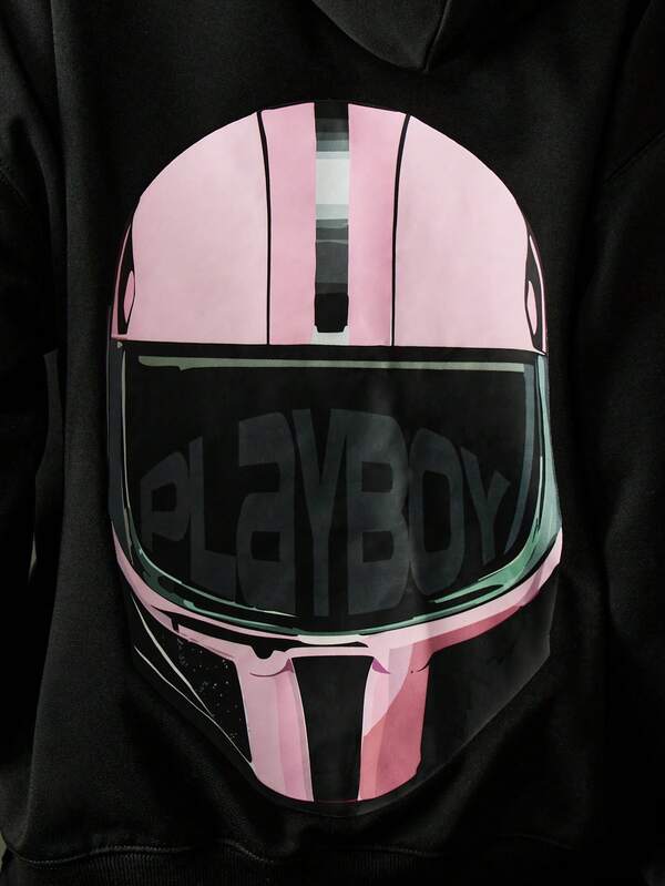 Missguided Missguided X Playboy Oversized Black Hoodie With Racing Helmet Graphic Print