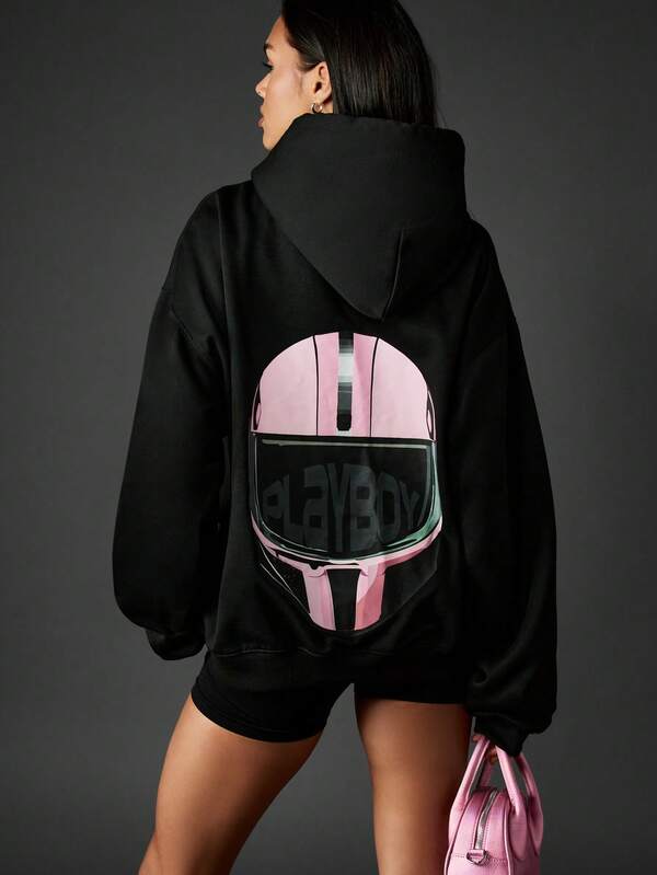 missguided Missguided x Playboy Oversized Black Hoodie With Racing Helmet Graphic Print