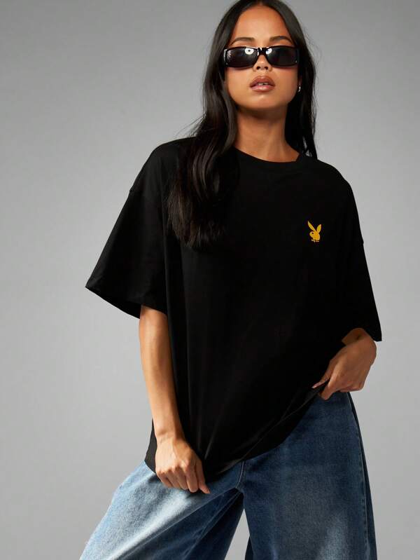 Missguided Missguided X Playboy Oversized Black T-Shirt With Magazine Cover Back Print