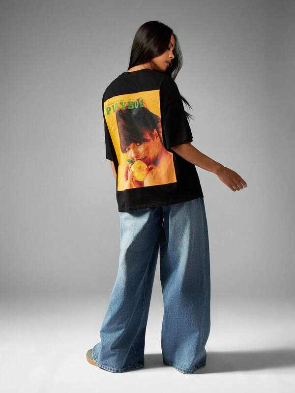 Missguided Missguided X Playboy Oversized Black T-Shirt With Magazine Cover Back Print
