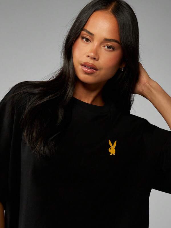 Missguided Missguided X Playboy Oversized Black T-Shirt With Magazine Cover Back Print