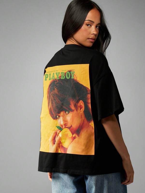 missguided Missguided x Playboy Oversized Black T-Shirt With Magazine Cover Back Print