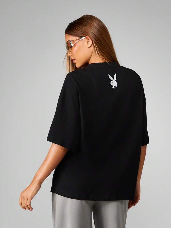 Missguided Missguided X Playboy Oversized Black Tee With Metallic Text Print