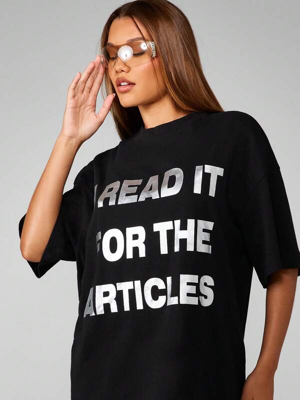 missguided Missguided x Playboy Oversized Black Tee With Metallic Text Print