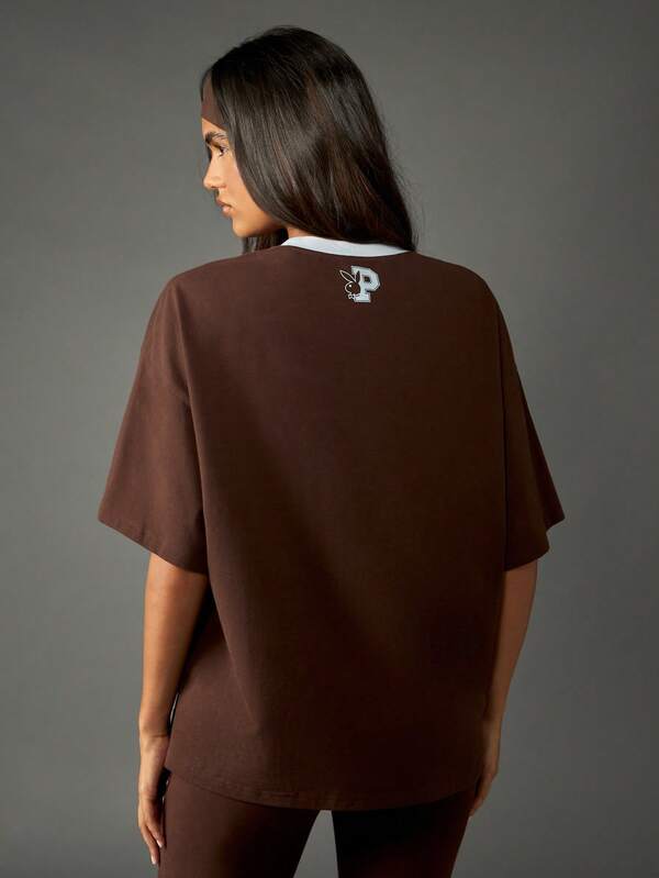 Missguided Missguided X Playboy Oversized Brown Ringer T-Shirt With Varsity Print