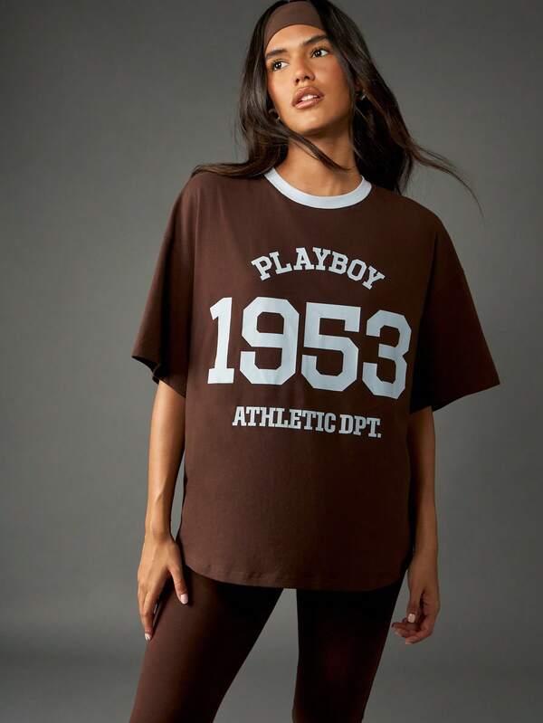 Missguided Missguided X Playboy Oversized Brown Ringer T-Shirt With Varsity Print