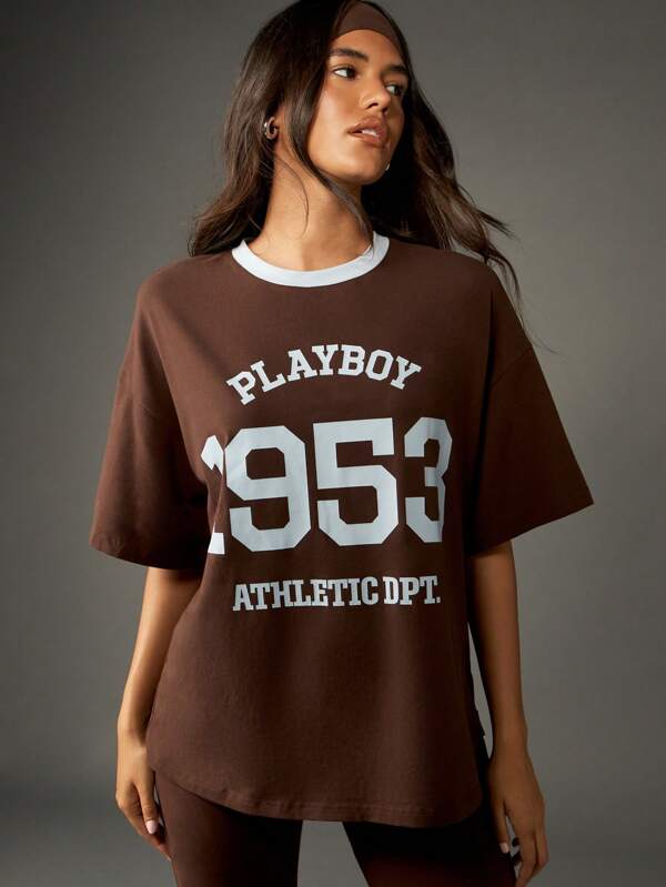 missguided Missguided x Playboy Oversized Brown Ringer T-Shirt With Varsity Print
