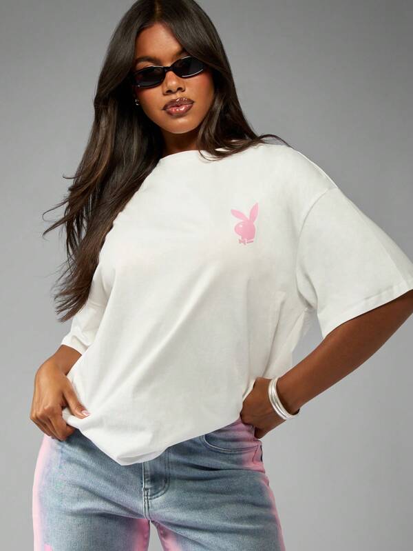 Missguided Missguided X Playboy Oversized Bunny Logo Graphic Print Short Sleeve T-Shirt