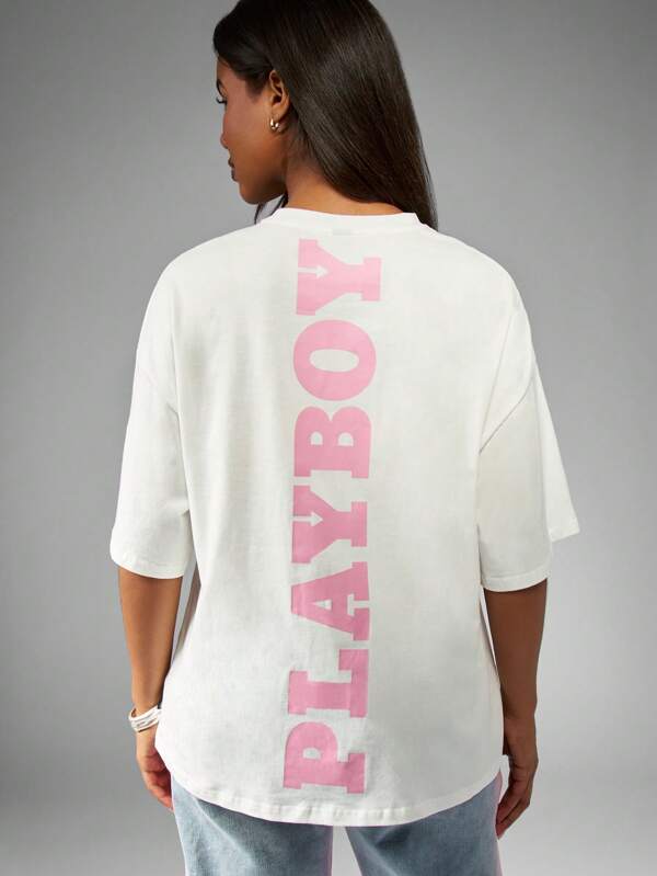 missguided Missguided x Playboy Oversized Bunny Logo Graphic Print Short Sleeve T-Shirt