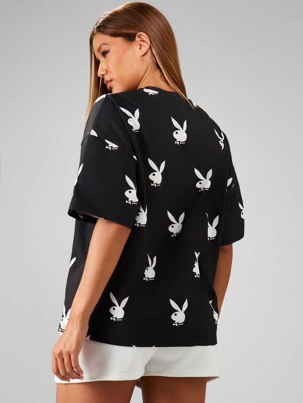 Missguided Missguided X Playboy Oversized Bunny Print Crew Neck Tee