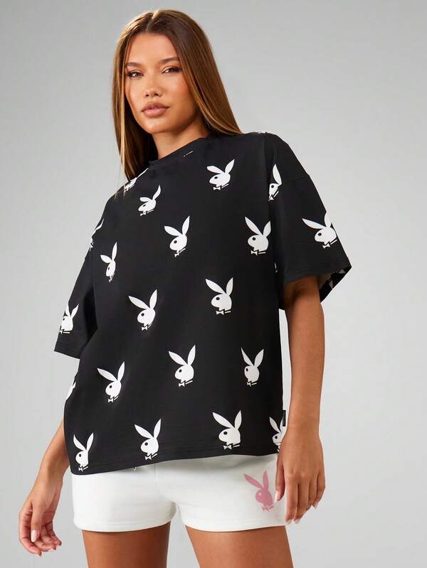 Missguided Missguided X Playboy Oversized Bunny Print Crew Neck Tee