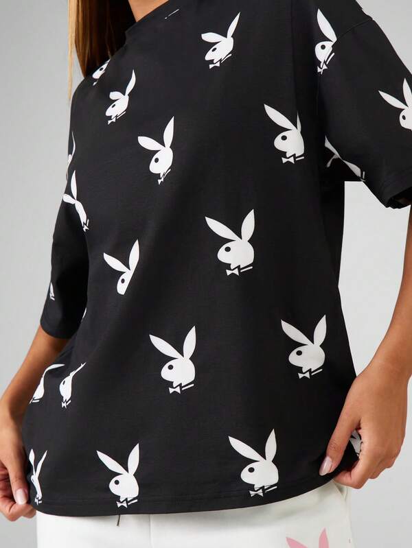 Missguided Missguided X Playboy Oversized Bunny Print Crew Neck Tee