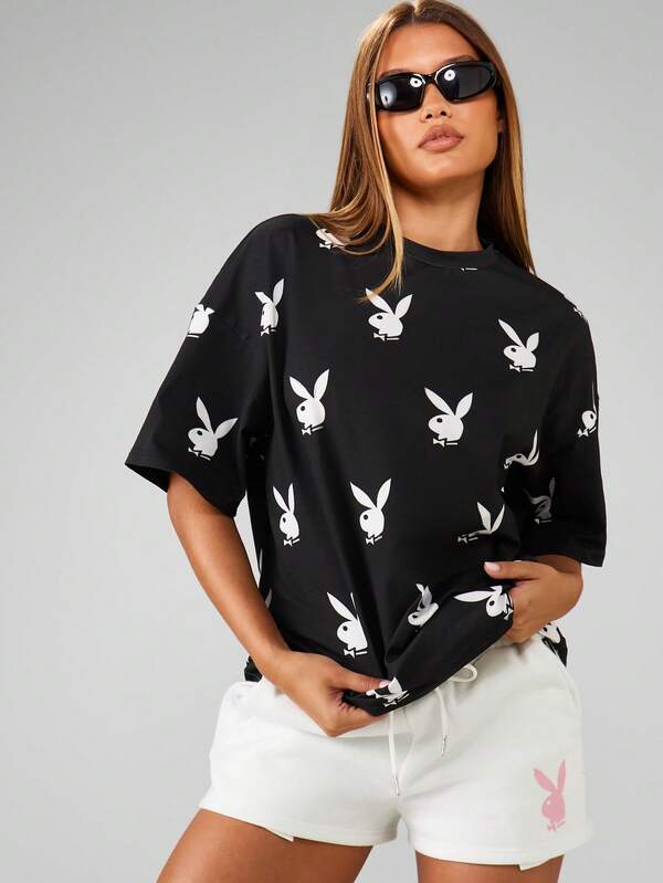 missguided Missguided x Playboy Oversized Bunny Print Crew Neck Tee