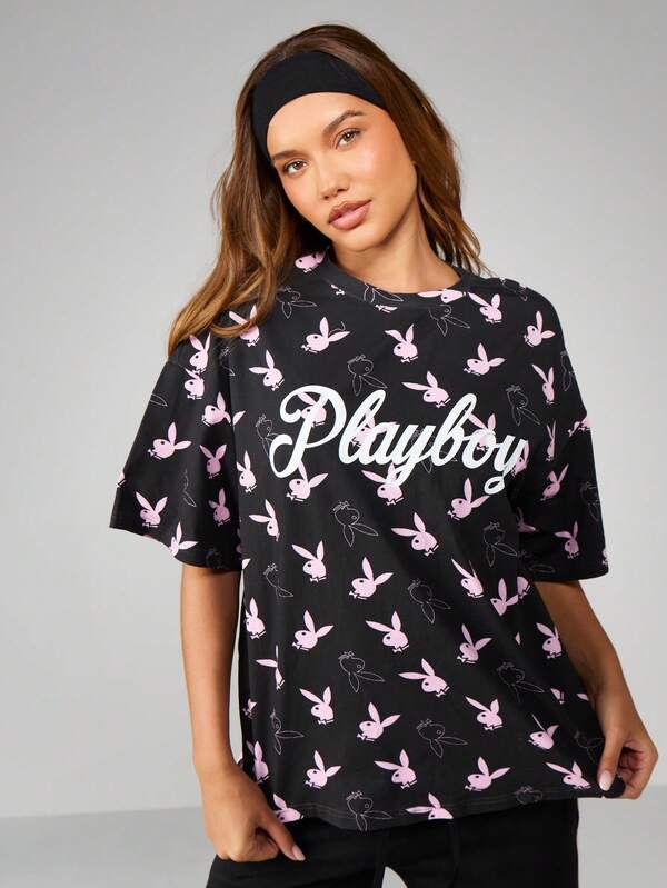 missguided Missguided x Playboy Oversized Bunny Print Crew Neck Tee