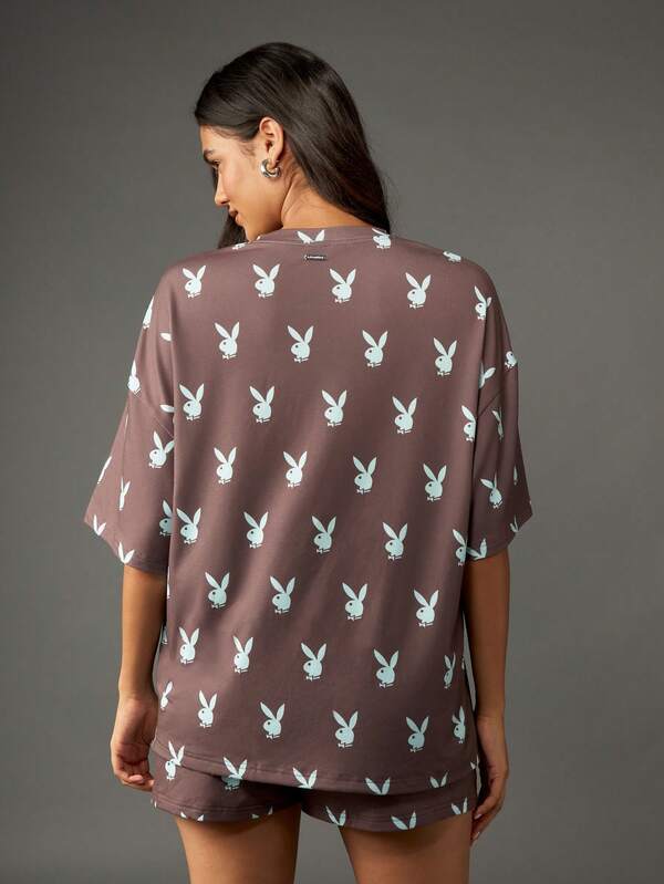 Missguided Missguided X Playboy Oversized Bunny Print T-Shirt With Short Sleeves