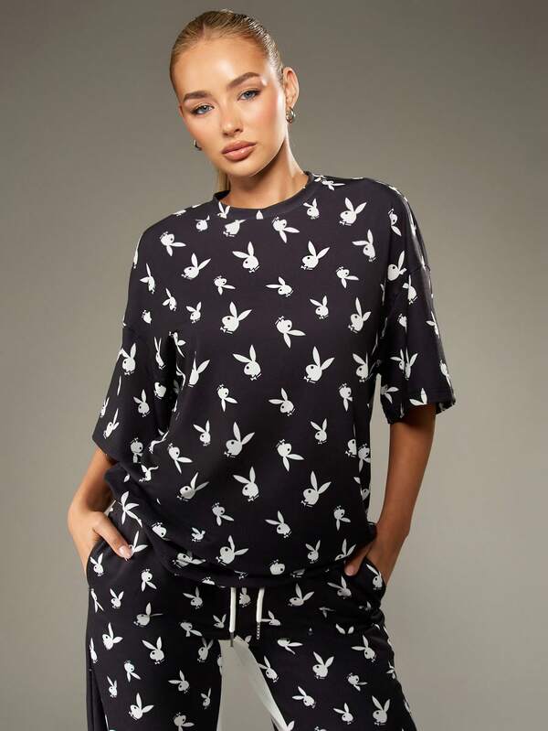 missguided Missguided x Playboy Oversized Bunny Print T-Shirt With Short Sleeves