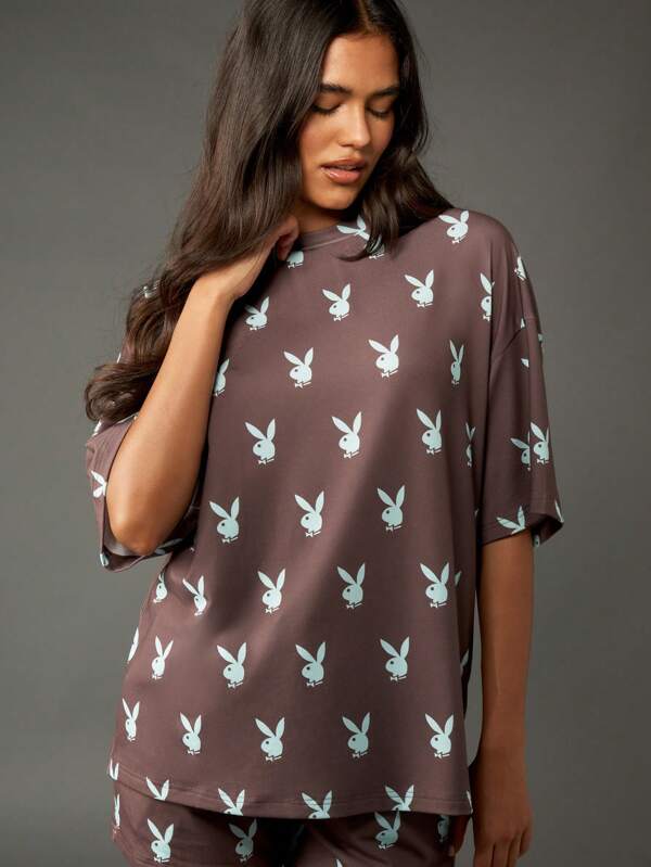 missguided Missguided x Playboy Oversized Bunny Print T-Shirt With Short Sleeves