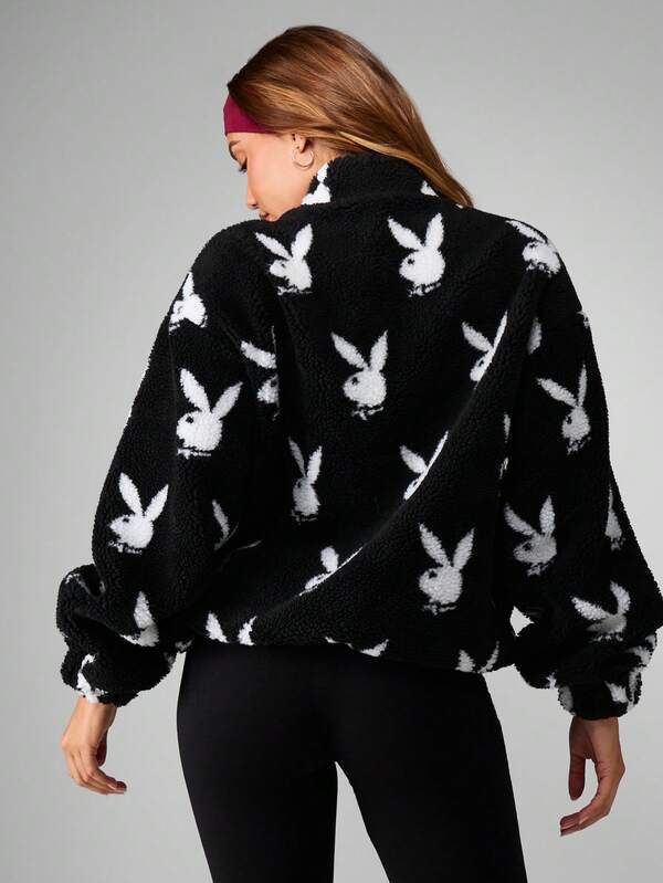 Missguided Missguided X Playboy Oversized Bunny Print Zip Up Coat