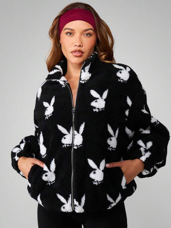missguided Missguided x Playboy Oversized Bunny Print Zip Up Coat