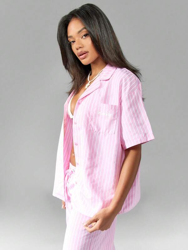 Missguided Missguided X Playboy Oversized Bunny Striped Button Down Blouse