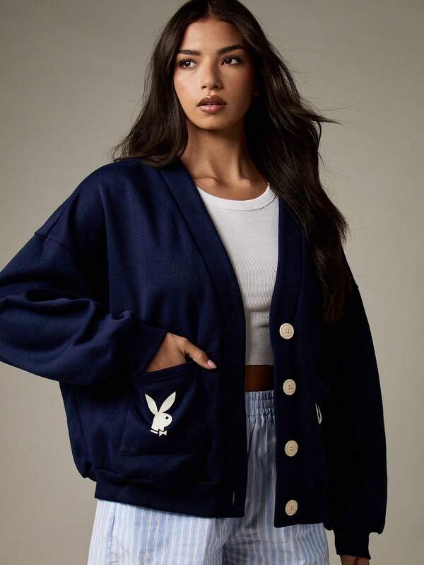 Missguided Missguided X Playboy Oversized Button Front Cardigan With Chest Logo