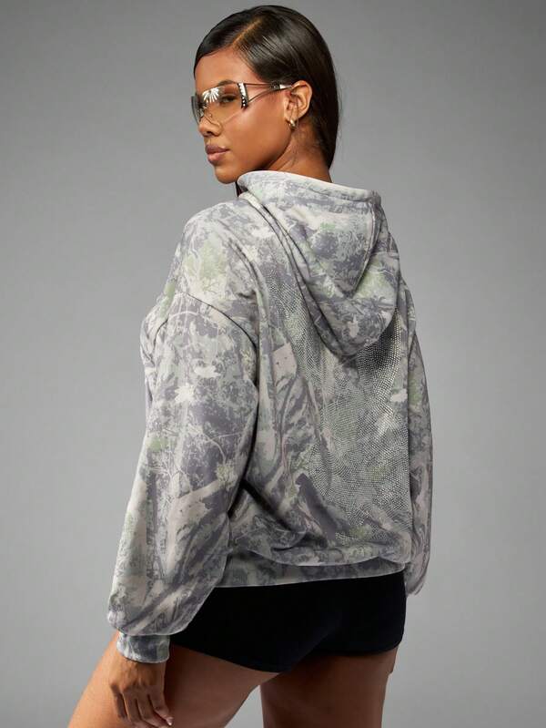 Missguided Missguided X Playboy Oversized Camo Print Hoodie With Rhinestone Logo