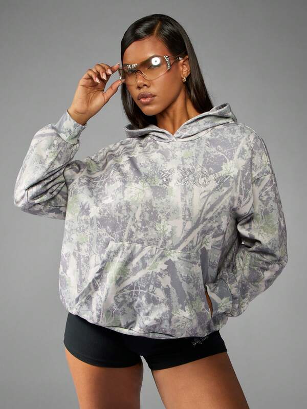 missguided Missguided x Playboy Oversized Camo Print Hoodie With Rhinestone Logo