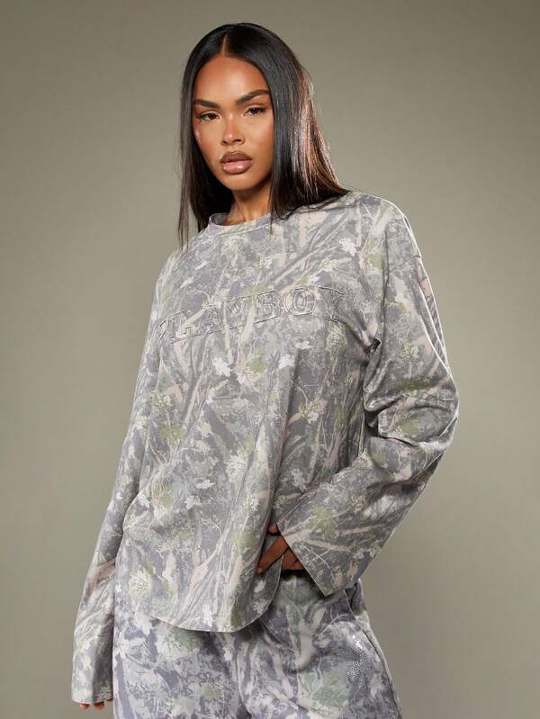 Missguided Missguided X Playboy Oversized Camo Print Long Sleeve T-Shirt