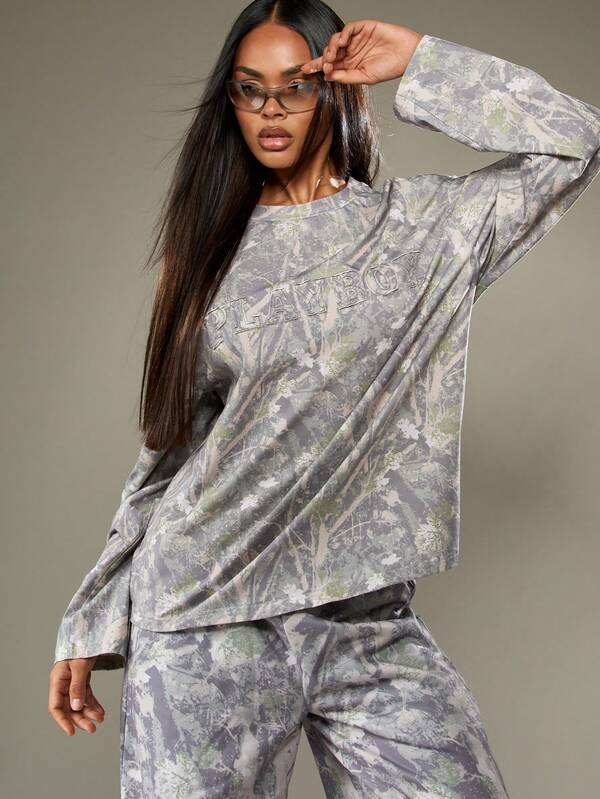 missguided Missguided x Playboy Oversized Camo Print Long Sleeve T-Shirt