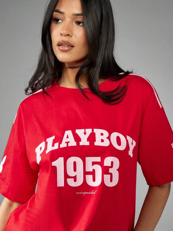 Missguided Missguided X Playboy Oversized Casual Street Style Graphic T-Shirt