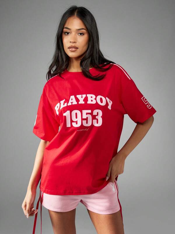 missguided Missguided x Playboy Oversized Casual Street Style Graphic T-Shirt