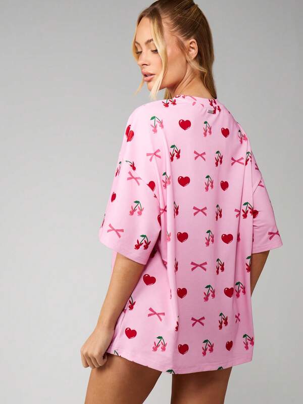 Missguided Missguided X Playboy Oversized Cherry Print Sleep Shirt With Bows