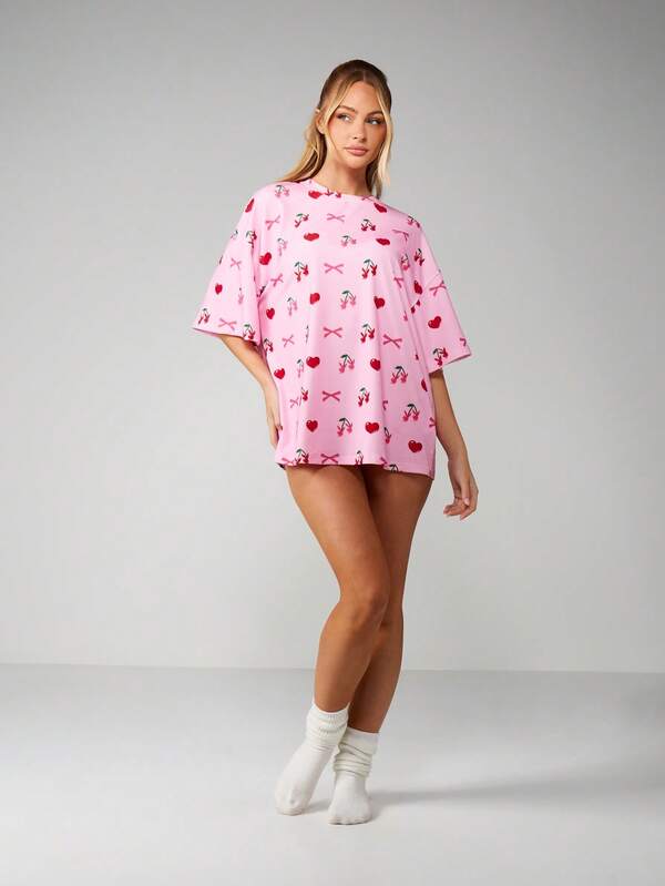 Missguided Missguided X Playboy Oversized Cherry Print Sleep Shirt With Bows
