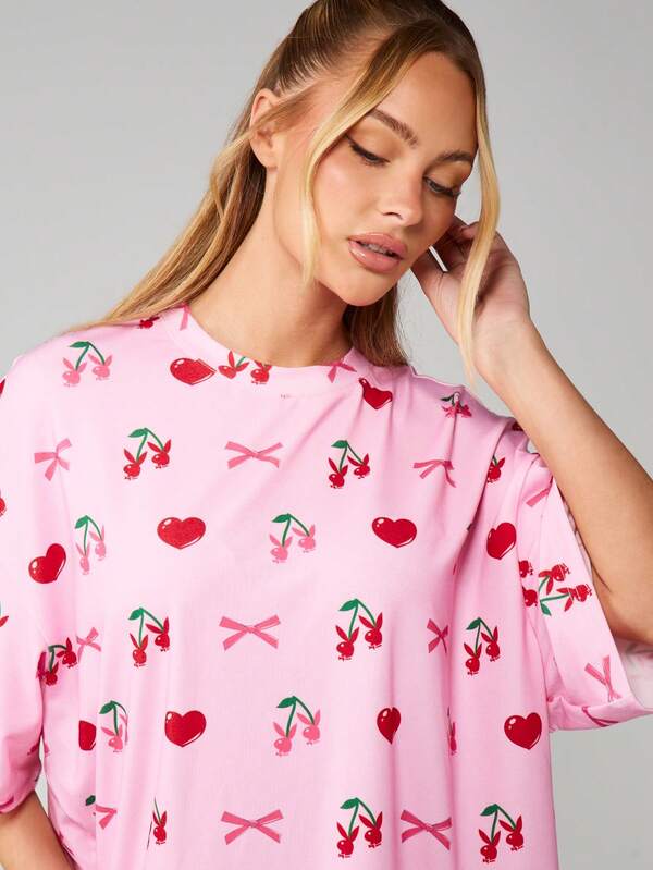 Missguided Missguided X Playboy Oversized Cherry Print Sleep Shirt With Bows