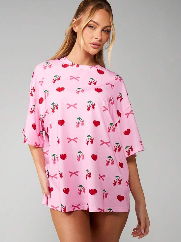 missguided Missguided x Playboy Oversized Cherry Print Sleep Shirt With Bows