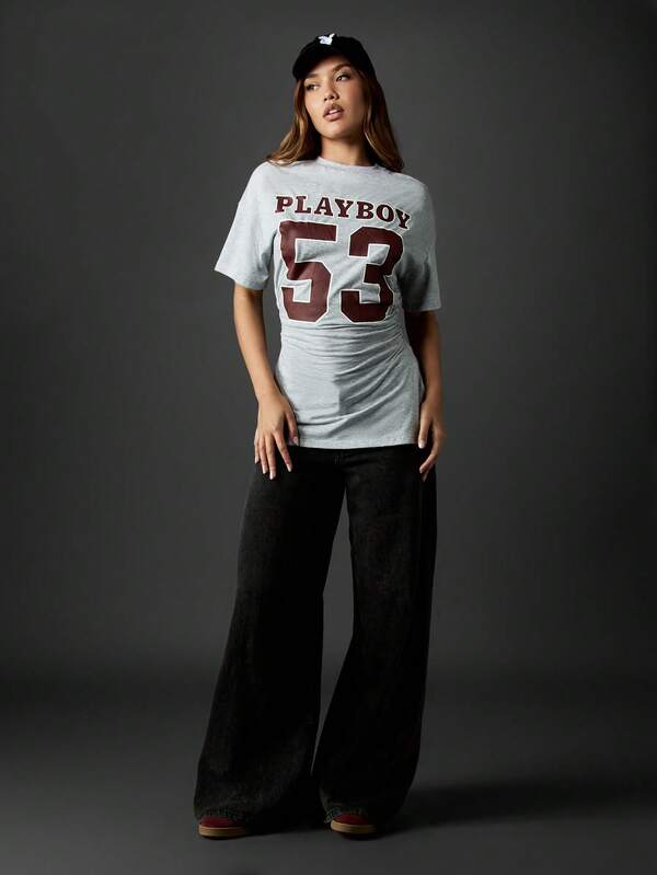 Missguided Missguided X Playboy Oversized Cinched Waist T Shirt With Varsity Number Print