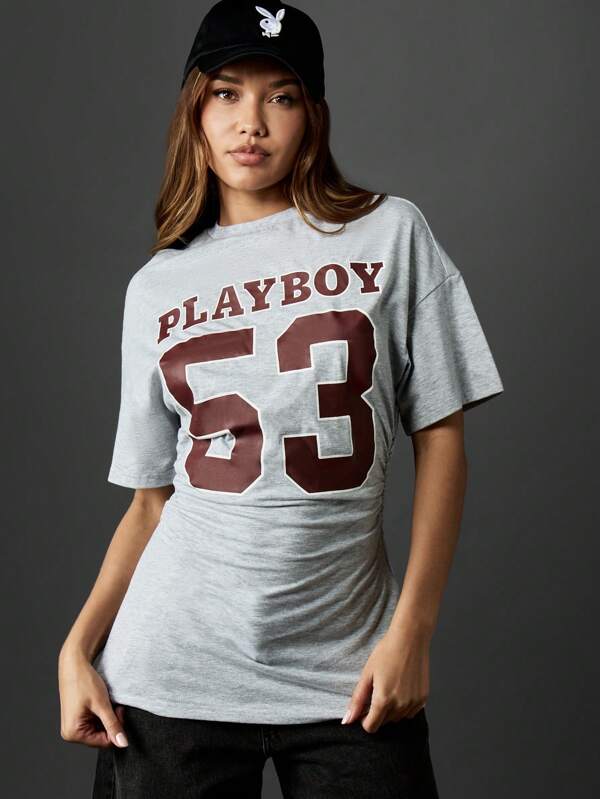 missguided Missguided x Playboy Oversized Cinched Waist T Shirt With Varsity Number Print
