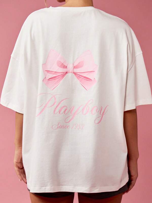 missguided Missguided x Playboy Oversized Classic T-Shirt With Bow Print