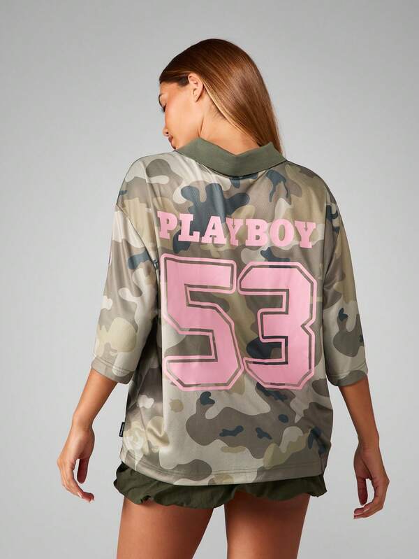 Missguided Missguided X Playboy Oversized Collared T-Shirt With Camo Print And Logo