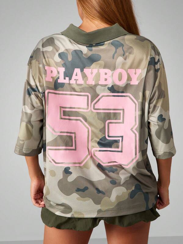 Missguided Missguided X Playboy Oversized Collared T-Shirt With Camo Print And Logo