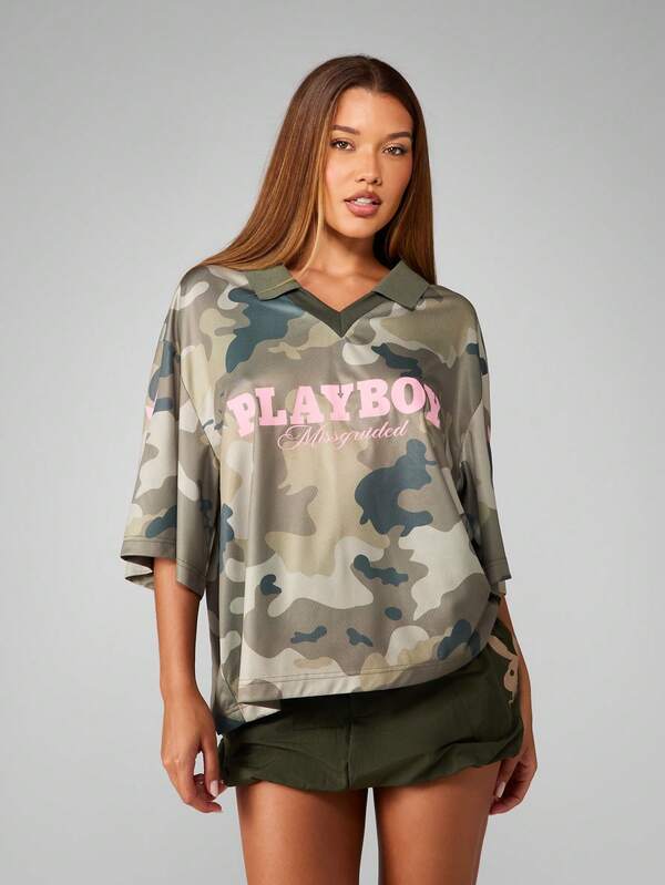 missguided Missguided x Playboy Oversized Collared T-Shirt With Camo Print And Logo