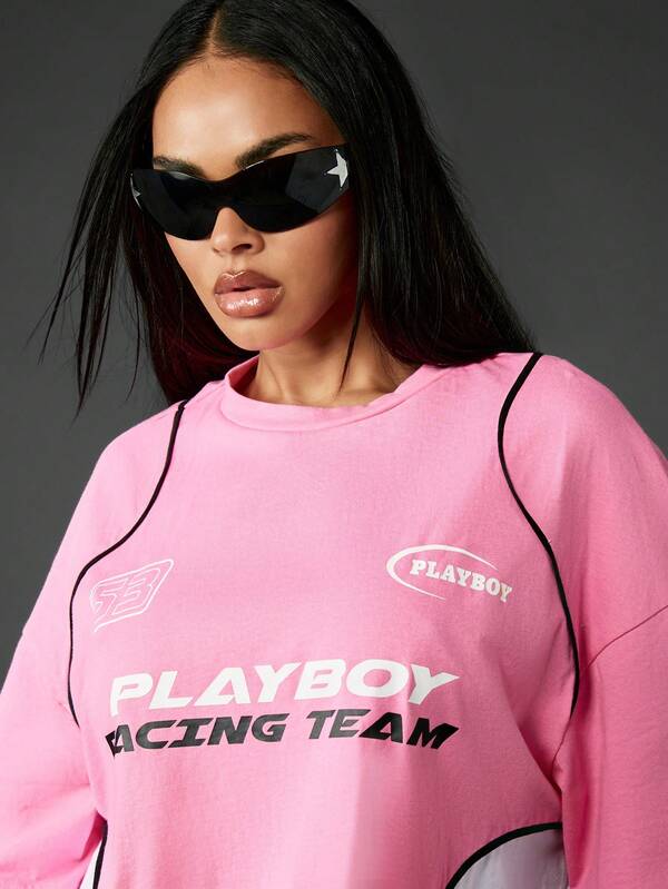 Missguided Missguided X Playboy Oversized Color Block T-Shirt With Racing Graphic Print