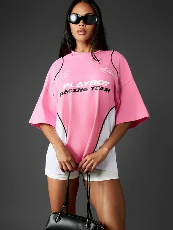 missguided Missguided x Playboy Oversized Color Block T-Shirt With Racing Graphic Print