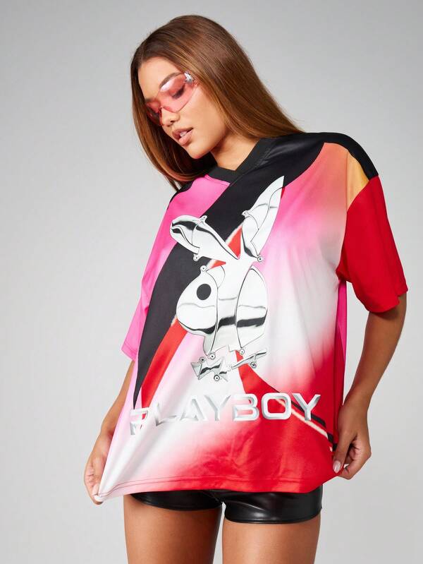missguided Missguided x Playboy Oversized Color Block T-Shirt With Bunny Graphic