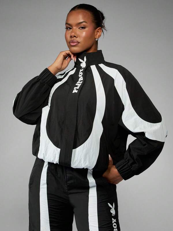 missguided Missguided x Playboy Oversized Color Block Windbreaker With High Neck And Zip