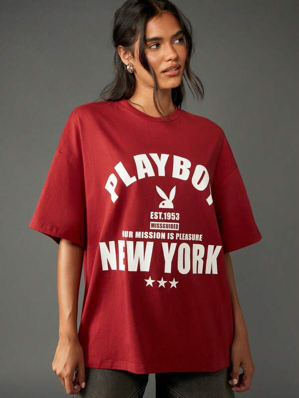 missguided Missguided x Playboy Oversized Cotton Graphic Tee With Statement Print