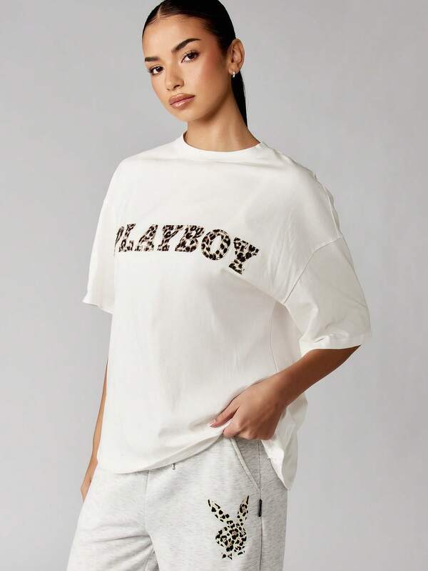 Missguided Missguided X Playboy Oversized Cotton T-Shirt With Leopard Print Logo